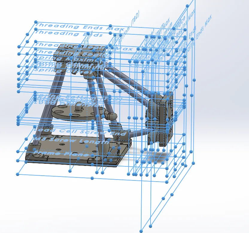 The CAD assembly shown with dozens of named reference planes in blue, drawn around the truss.