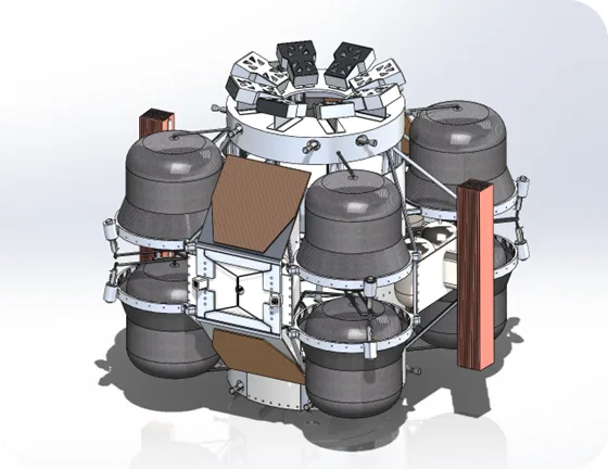 CAD render of STARS with arrays stowed, showing the propellant tanks around the central truss and the docking port on top.