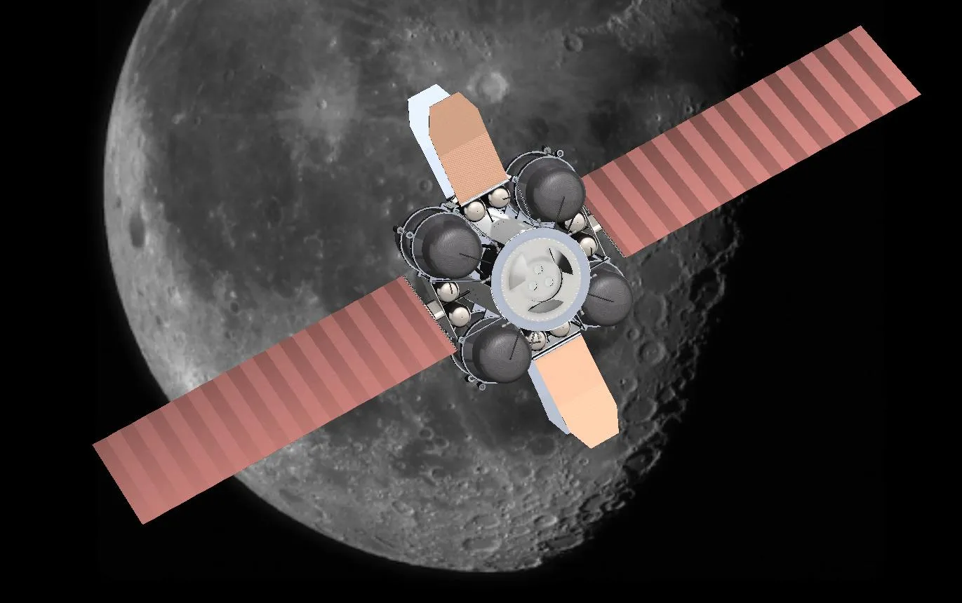Render of the STARS platform: a cylindrical truss ringed by eight propellant tanks, with two long solar arrays, shown in front of the Moon.
