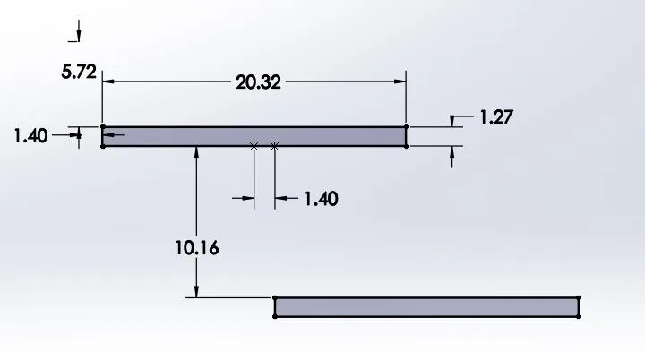 Dimensioned drawing of the kirigami unit cell: two offset rectangular cuts, 20.32 mm long and 1.40 mm wide, with spacing dimensions of 10.16 mm and 5.72 mm.