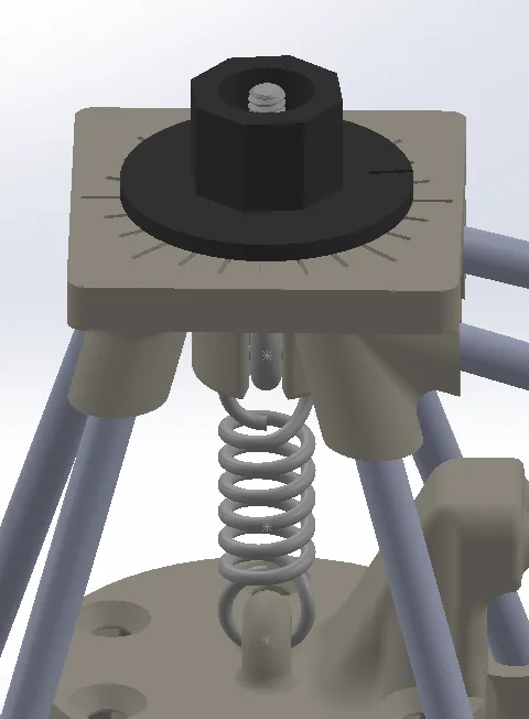 Close-up CAD render of the top knob on its mount, with tick marks around the knob every 15 degrees and the spring below.