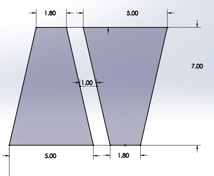 Dimensioned drawing of the Raschel unit cell: two mirrored trapezoids, 5.00 mm across the wide end and 1.80 mm across the narrow end, 7.00 mm tall, separated by a 1.00 mm slot.