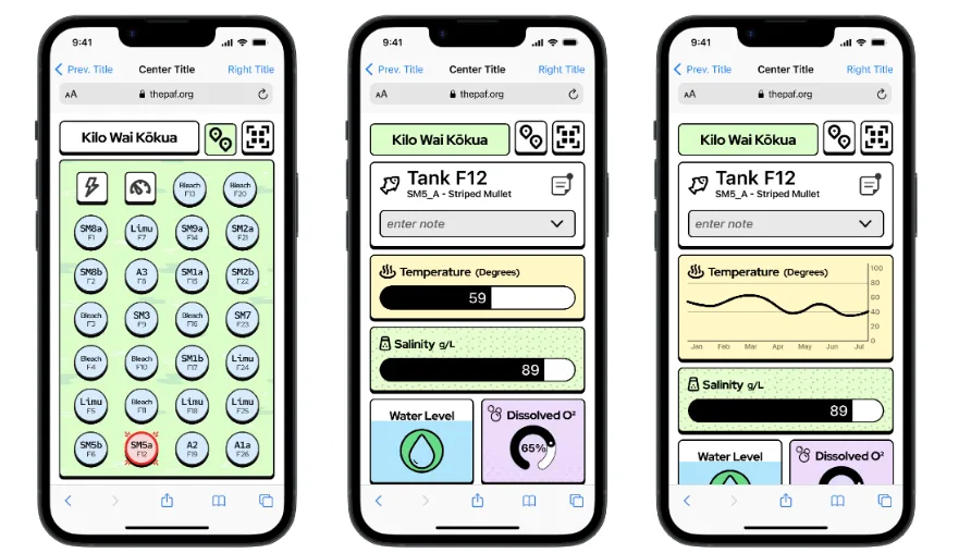 Three phone screens of the dashboard: a grid of tanks, and two tank detail views showing temperature, salinity, water level and dissolved oxygen.