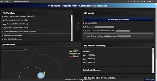 Screenshot of the calculator: panels for variables, inputs, a simulator plot of the initial, transfer and final orbits around a blue planet, a results summary listing propellant masses, and step-by-step details.